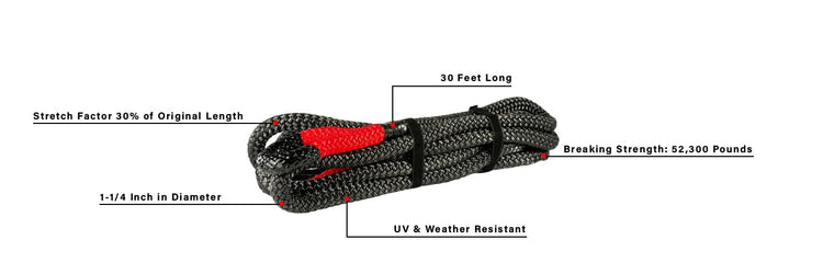 BulletProof Hitches - 1/4" x 30' Kinetic Recovery Rope with 52,300 lbs Breaking Strength - Kinetic Rope for Towing & Recovery of Tractors, Motorhomes, and Class 3 Trucks