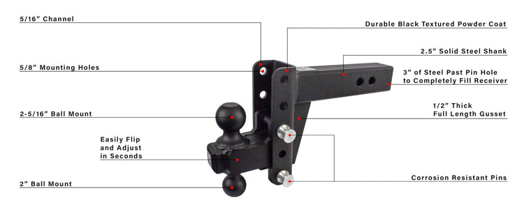 BulletProof Hitches - 2.5" Adjustable Heavy Duty Trailer Hitch (22,000 lb. Rating) - 12" Drop/Rise Trailer Hitch with 2" & 2-5/16" Dual Ball - Powder Coat, Solid Steel, Corrosion-Resistant