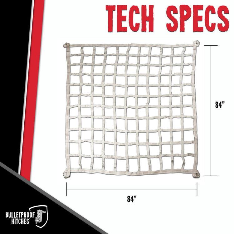 BulletProof Hitches - Heavy Duty Cargo Net Rated to 2,200 lbs - 84" x 84", White - Cargo Netting for Truck Bed, Trailers, and Utility Haulers