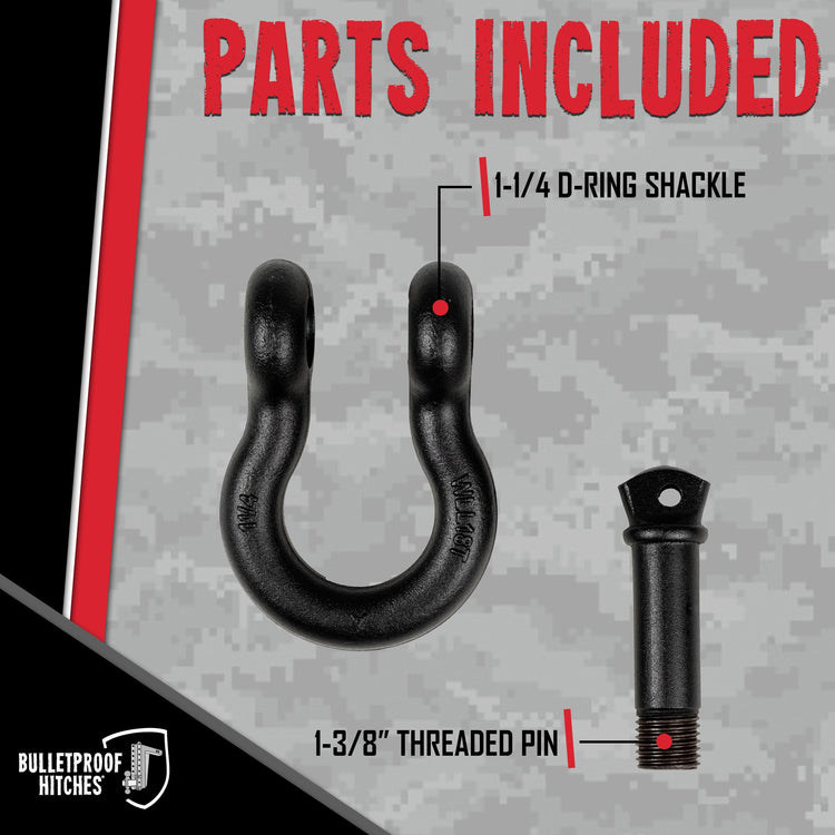Bulletproof 1-1/4" D-Ring Shackle 18 Ton Working Load Limit - Heavy Duty Recovery Shackle with 1-3/8" Threaded Pin - Forged Steel - Black Powder Coat Finish
