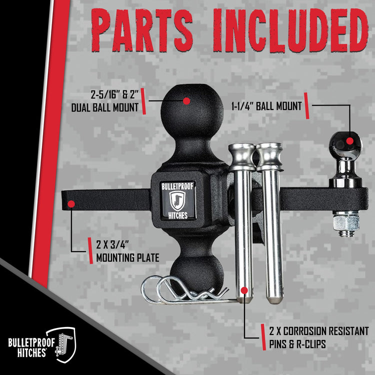 BulletProof Hitches - Medium Duty Sway Control Ball Mount with 2" and 2-5/16" Combination Ball - Rated to 14,000 lbs for Trailer Sway Control - Solid Steel, Black Powder Coat, Corrosion Resistant