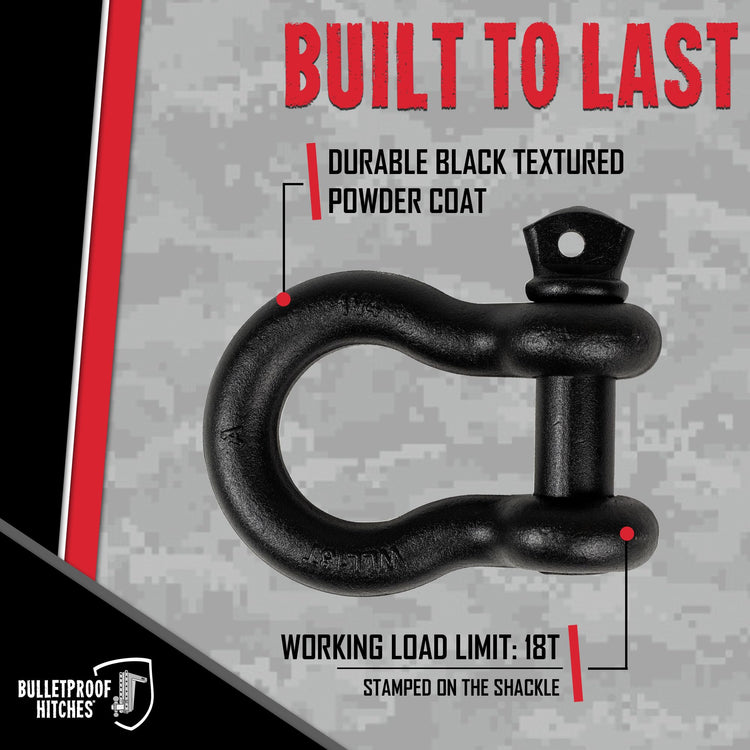 Bulletproof 1-1/4" D-Ring Shackle 18 Ton Working Load Limit - Heavy Duty Recovery Shackle with 1-3/8" Threaded Pin - Forged Steel - Black Powder Coat Finish