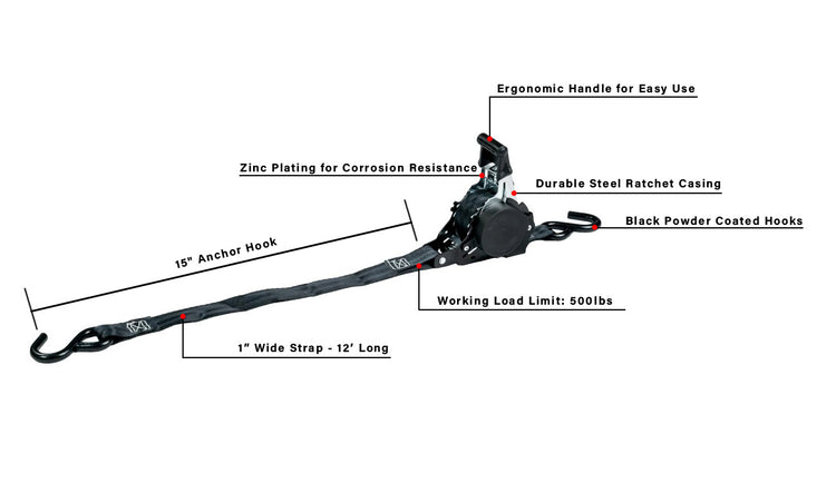 BulletProof Medium Duty 1" Auto Retractable Ratchet Strap