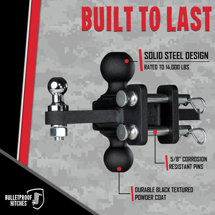 BulletProof Hitches - Medium Duty Sway Control Ball Mount with 2" and 2-5/16" Combination Ball - Rated to 14,000 lbs for Trailer Sway Control - Solid Steel, Black Powder Coat, Corrosion Resistant