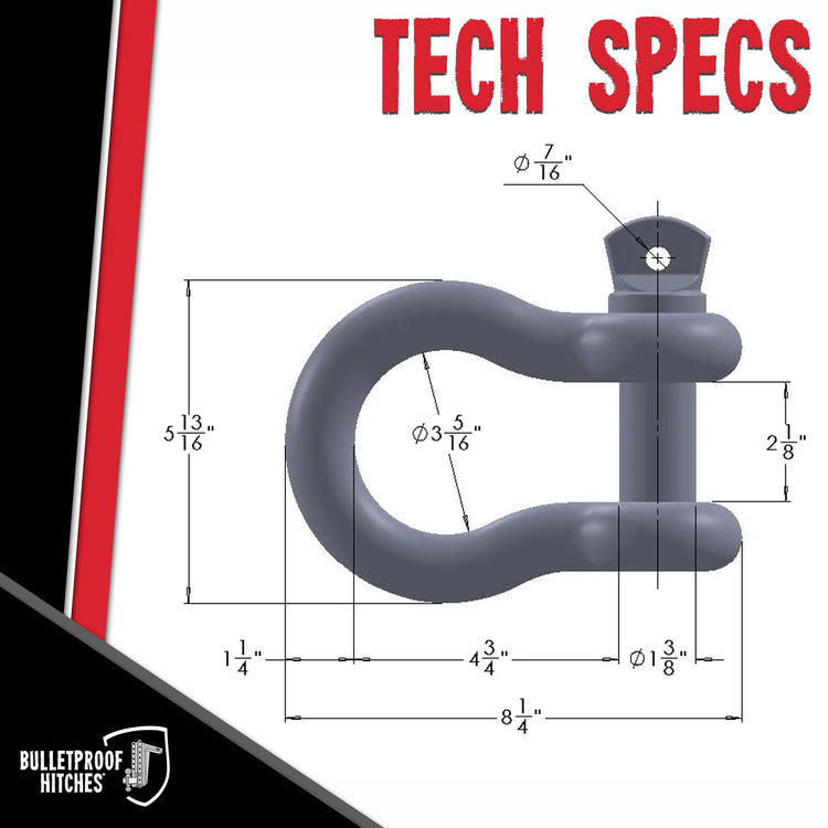Bulletproof 1-1/4" D-Ring Shackle 18 Ton Working Load Limit - Heavy Duty Recovery Shackle with 1-3/8" Threaded Pin - Forged Steel - Black Powder Coat Finish