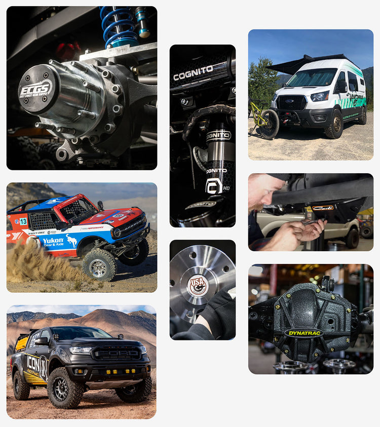 Collage of automotive parts and vehicles with visible branding on a white background.